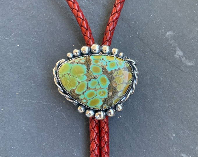 Native American Sterling Silver Gold Dragon Turquoise Southwestern Bolo Tie On Braided Leather Cord, Bolo Tie, Southwestern, Gift