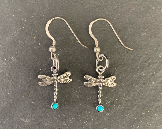 Native American Sterling Silver Sleeping Beauty Turquoise Southwestern Dragonfly Earrings, Holiday, Gift