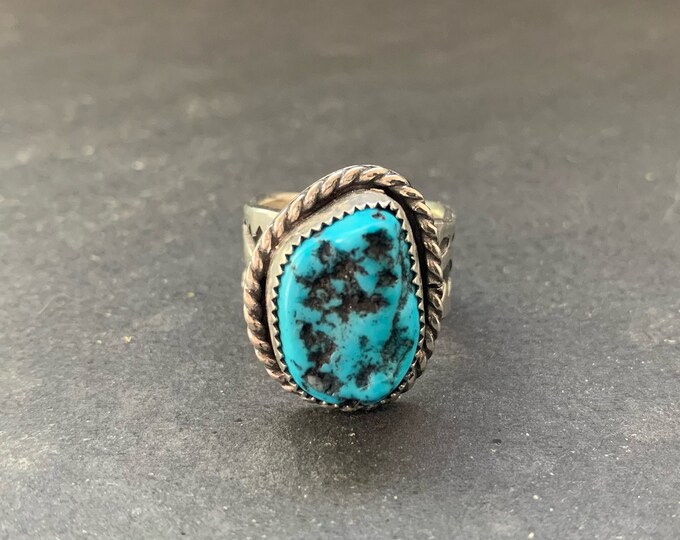 Native American Sterling Silver Kingman Nugget Turquoise Southwestern Stamped Wide Band Ring, Holiday, Gift