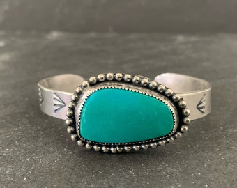 Native American Sterling Silver Hand Stamped Natural Arizona Turquoise Southwestern Cuff Bracelet, Holiday, Gift