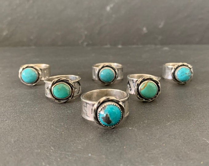 Native American Sterling Silver Kingman Turquoise Southwestern Stamped Ring, Holiday, Gift