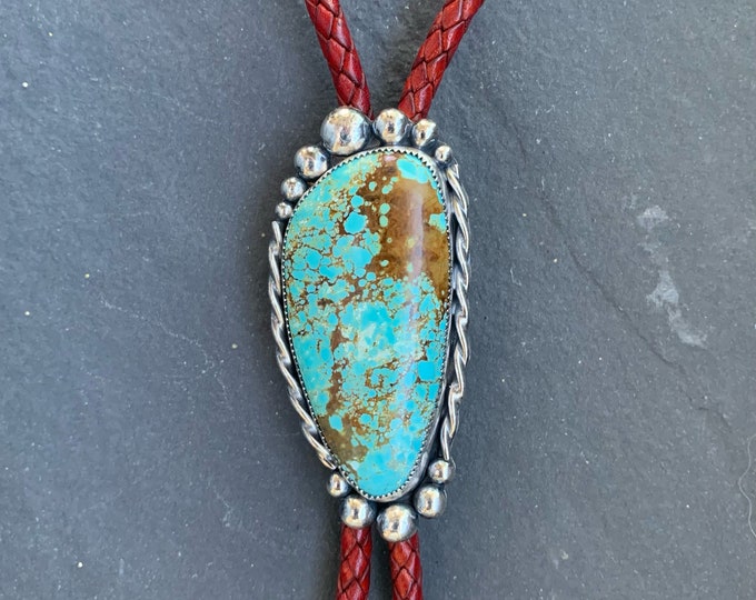 Native American Sterling Silver #8 Turquoise Southwestern Bolo Tie On Braided Leather Cord, Bolo Tie, Southwestern, Gift