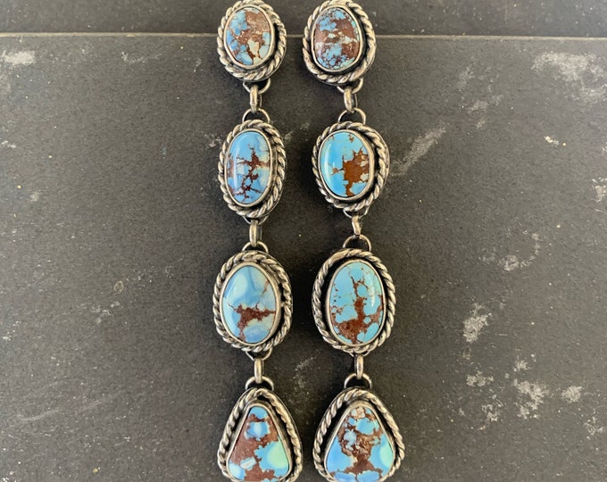 Native American Sterling Silver Golden Hill Turquoise Southwestern Lariat Drop Earrings, Holiday, Gift