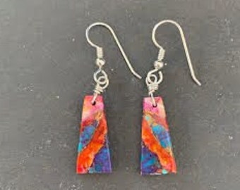 Native American Sterling Silver Pink Dahlia Slab Dangle Earrings, Holiday, Gift