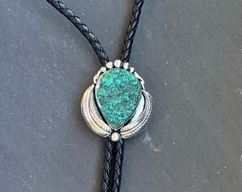 Native American Sterling Silver AZ Nugget Turquoise Southwestern Bolo Tie On Braided Leather Cord, Bolo Tie, Southwestern, Gift