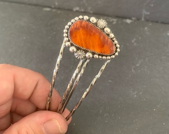 Native American Sterling Silver Orange Spiny Oyster Southwestern Decorative Hair Comb, Southwestern, Gift