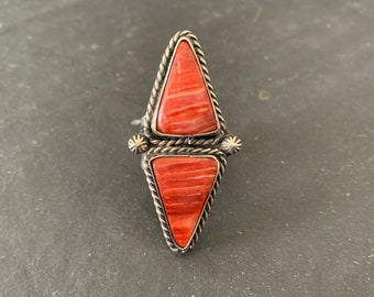 Native American Sterling Silver Red Spiny Oyster Southwestern Index Ring, Holiday, Gift