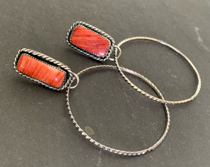 Native American Sterling Silver Red Spiny Oyster Southwestern Stud Hoop Earrings, Holiday, Gift