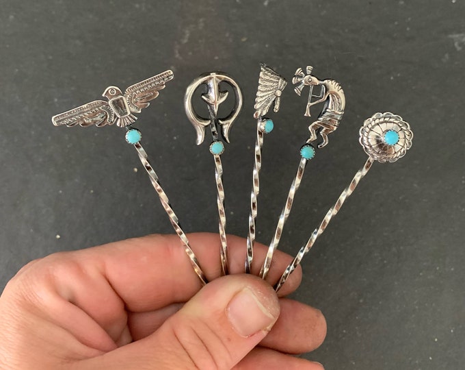 Native American Sterling Silver Kingman Turquoise Southwestern Cowboy Hat Stick Pins, Hat Pick, Hair Pin, Southwestern, Gift