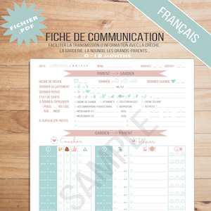 Peut inclure: Une feuille de communication imprimable pour les parents et les soignants de nourrissons et de jeunes enfants. La feuille comprend des sections pour enregistrer le sommeil, les changes de couches, l'alimentation et d'autres informations importantes. La feuille est conçue pour faciliter la communication entre les parents et les soignants.