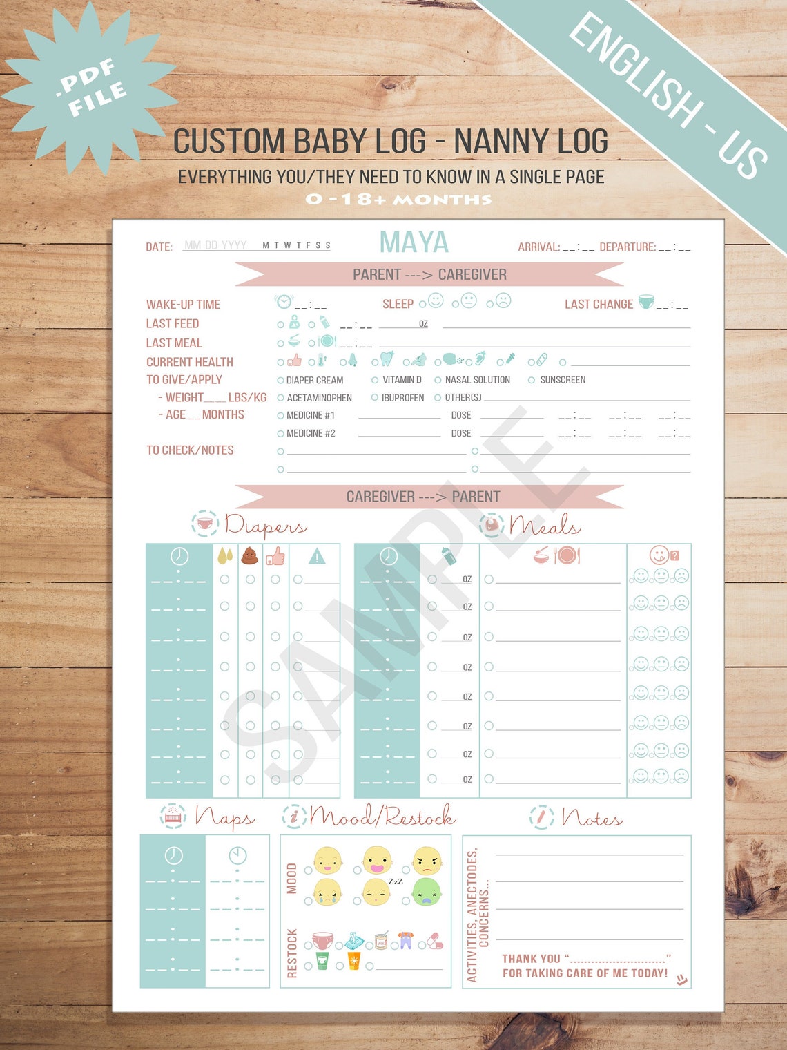 Printable BABY &amp; NANNY Log CUSTOM Daily Schedule/tracker Newborn ...