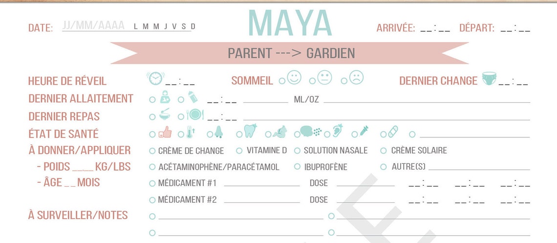 Transmissions écrites Fiche De Transmission Creche Fiche Transmission/communication Bébé PERSONNALISÉE Suivi Repas/couches