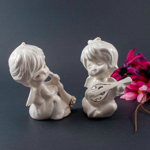 Adorable Porcelain Angels Playing Instruments. Ceramic Girl And Boy Angel figurines. Christmas angels image 1