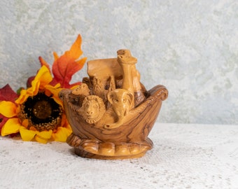 Hand Carved Wood Noah's Ark. Religious Olive Wood Statue.