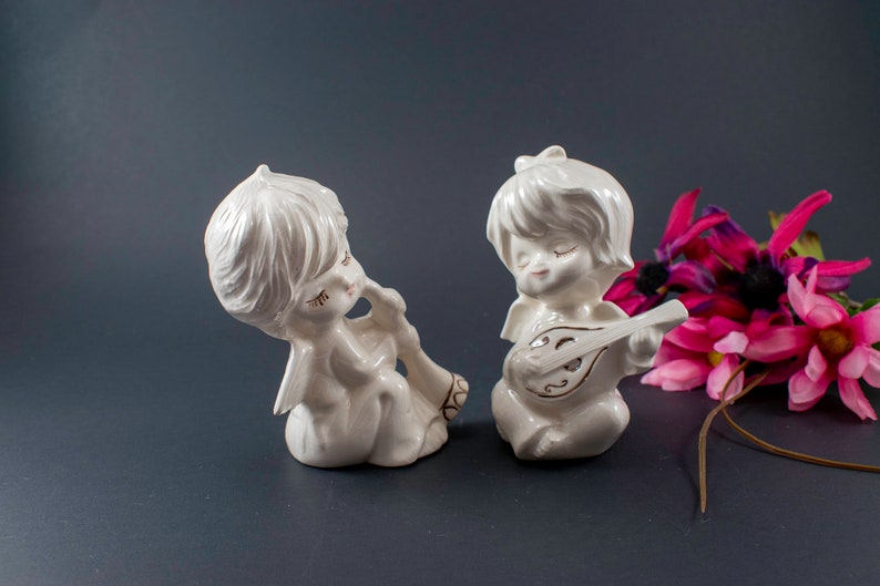 Adorable Porcelain Angels Playing Instruments. Ceramic Girl And Boy Angel figurines. Christmas angels image 1