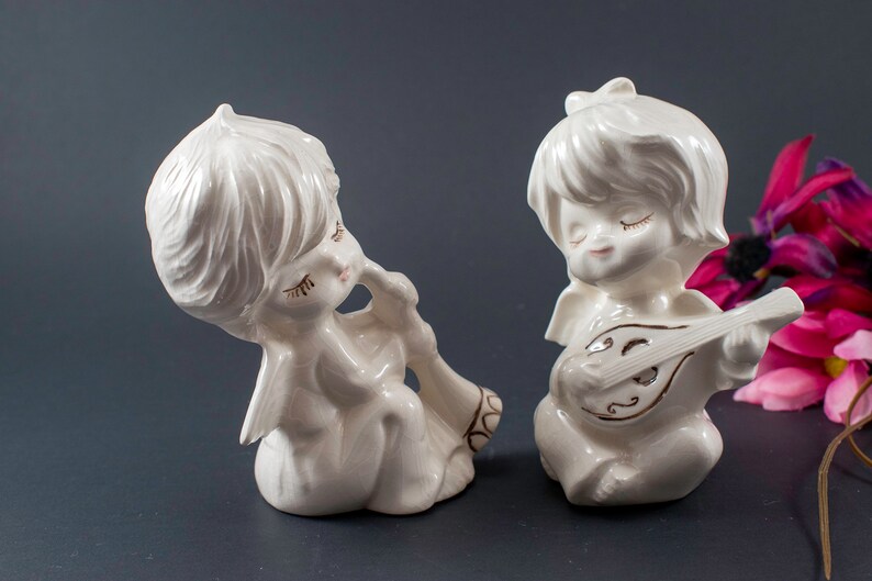 Adorable Porcelain Angels Playing Instruments. Ceramic Girl And Boy Angel figurines. Christmas angels image 2