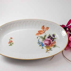 Vintage Henneberg Porzellan 1777 German Democratic Republic Porcelain Ribbed Oval Floral Relish Plate, Serving Dish, Kitchenware