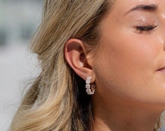 bridal earrings | gold pearl flower hoop  earrings | statement earrings | bridesmaid earrings | pearl drop earrings | wedding earrings #11