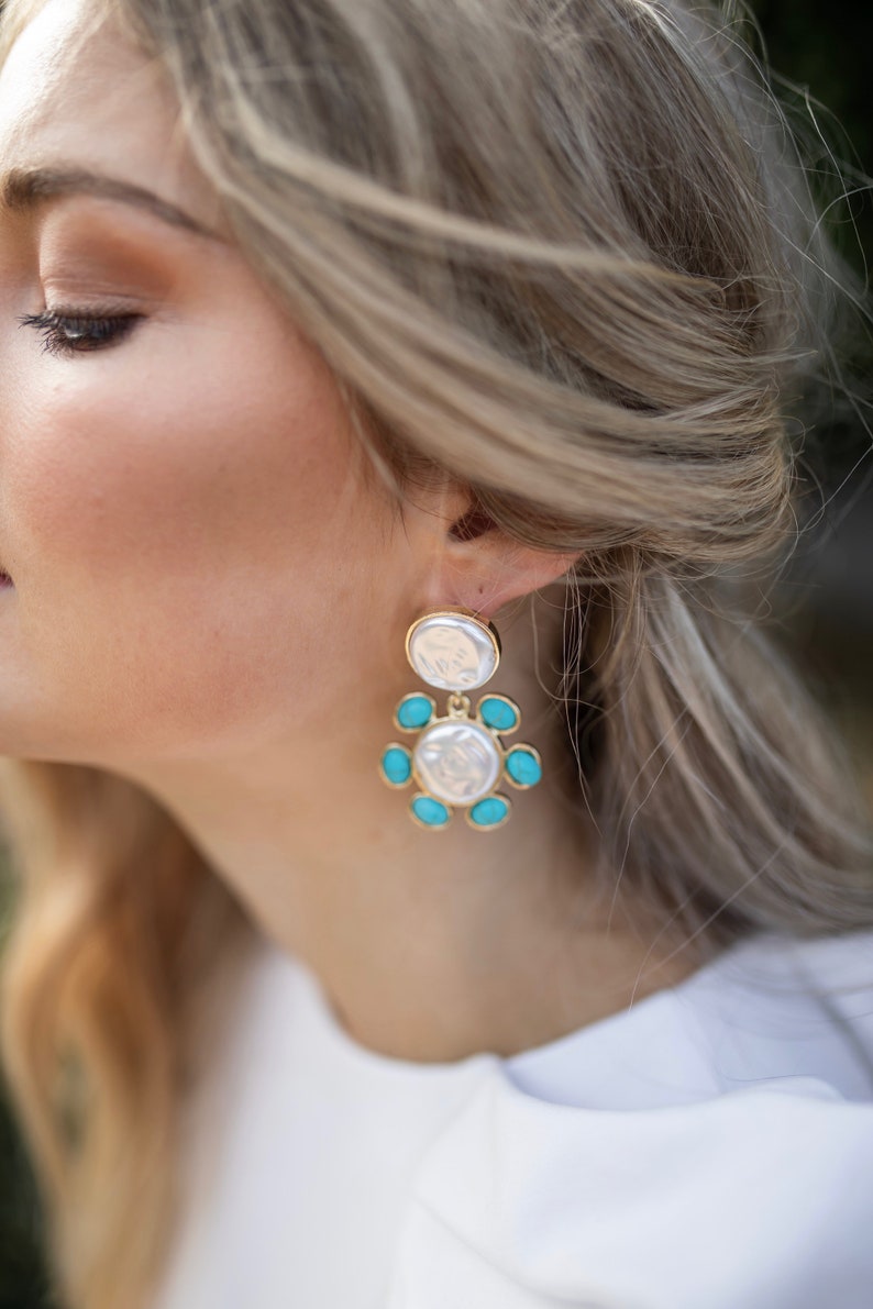 Rounded Faith Pearl Gold and Turquoise Statement Earrings Etsy Australia