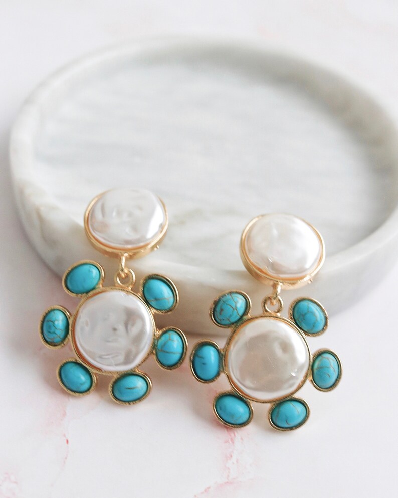 Rounded Faith Pearl Gold and Turquoise Statement Earrings Etsy Australia