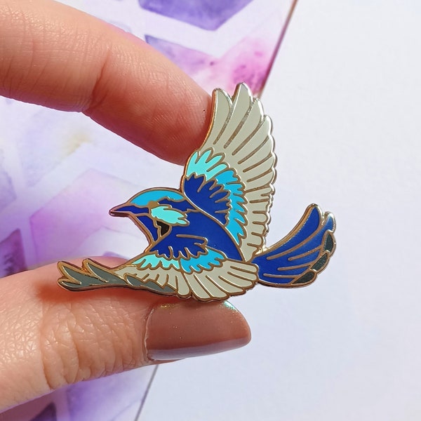 Hard Enamel Pin, Fairy Wren Silver Plated Brooch, Blue Australian Bird Gift