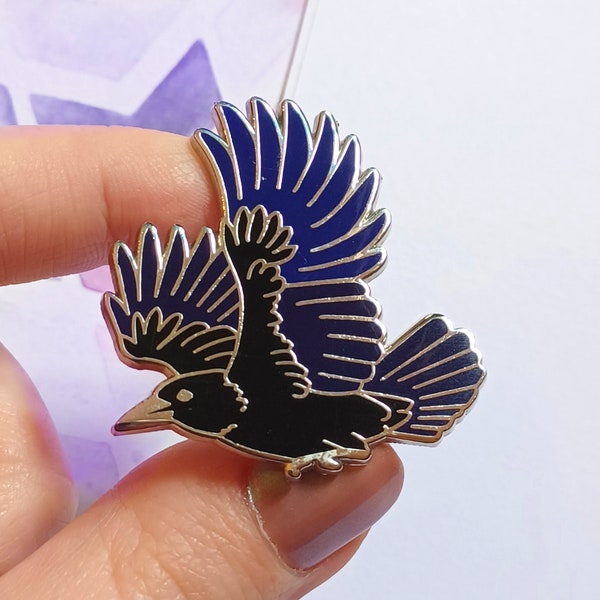 Hard Enamel Pin, Silver Plated Crow Lapel Pin, Unique Gift for Bird Lover