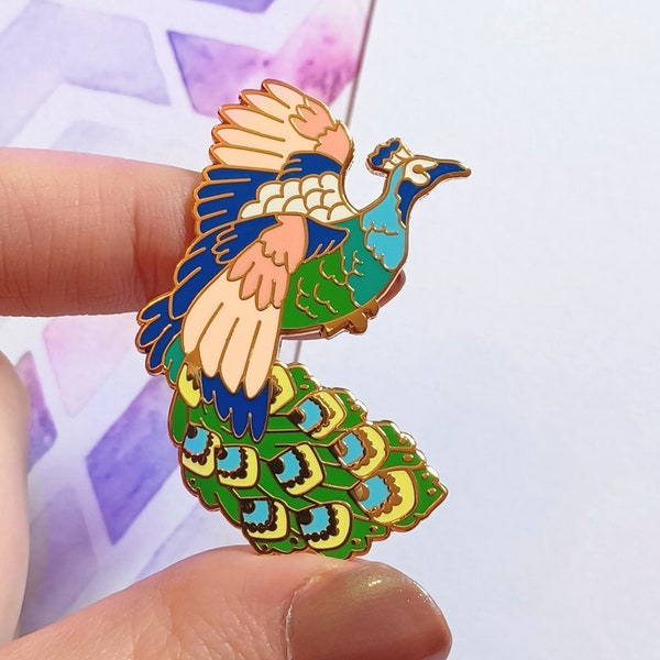 Hard Enamel Pin, Peacock Bird Lapel Pin, Gold Animal Brooch, Gorgeous Bird, Unique Gift Under 15