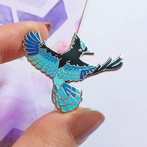 Hard Enamel Pin, Steller's Jay Silver Plated Brooch, Blue Crow Bird Gift