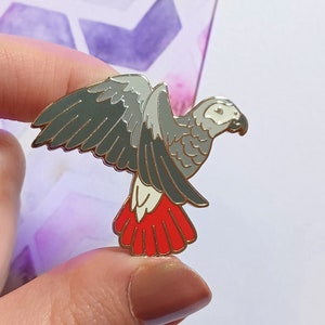 Hard Enamel Pin, African Grey Silver Lapel Pin, Pet Parrot Brooch, Tropical Birds Gifts