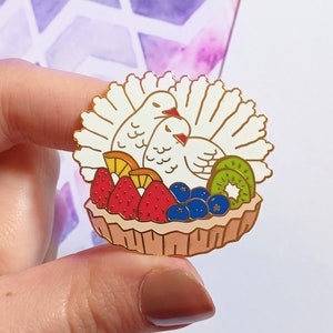 Hard Enamel Pin, Dove Fruit Tart Brooch, Gold Plated Cute Lapel Pin, Bird Gift for Her