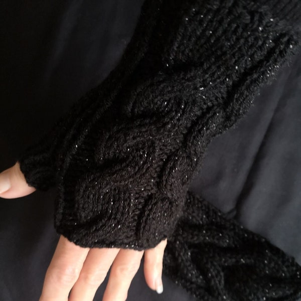 Handmade Black Metallic Glitter Sparkly Knit Fingerless Gloves Mittens Arm Warmers Glovelets  OEKO-TEX