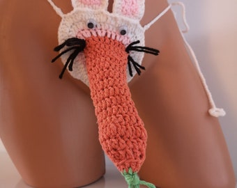 Men Easter Bunny Rabbit Carot Crochet Novelty WillyWarmer PeterHeater Thong Fun Gift