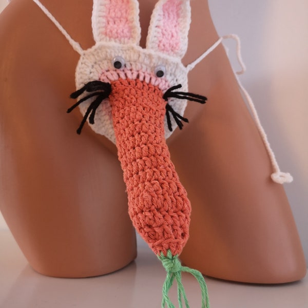 Men Easter Bunny Rabbit Carot Crochet Novelty WillyWarmer PeterHeater Thong Fun Gift