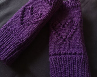 MothersDay Love Valentines Ajour Heart Knit Fingerless Texting Gloves Mittens Glovelets Purple