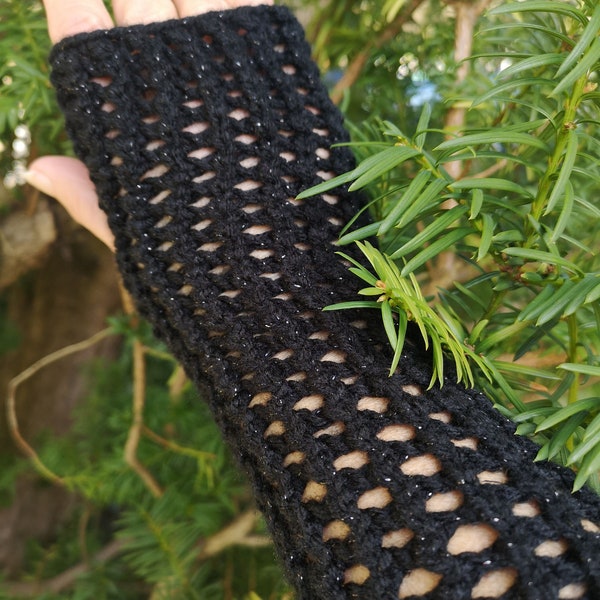 Mitaines noires en tricot ajouré fait main noir Mitaines Handstulpen Gants sans doigts noirs