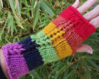 Handmade Rainbow Rave Disco Gay Pride lgbt Retro Knit Fingerless Texting Gloves Mitten Glovelets Stripes