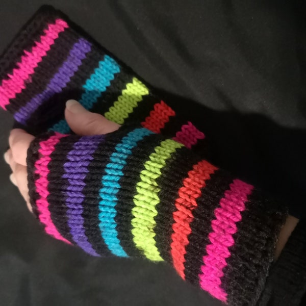 Handmade Rainbow Rave Disco Gay Pride lgbt Retro Knit Fingerless Texting Gloves Mitten Glovelets Neon Glow in the Dark Stripe