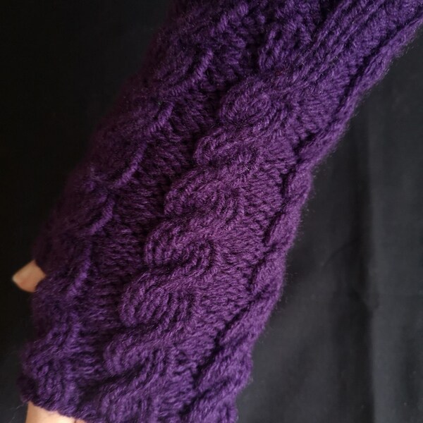 Purple Handmade Twist Knit Fingerless Gloves Mittens Arm Warmers Glovelets