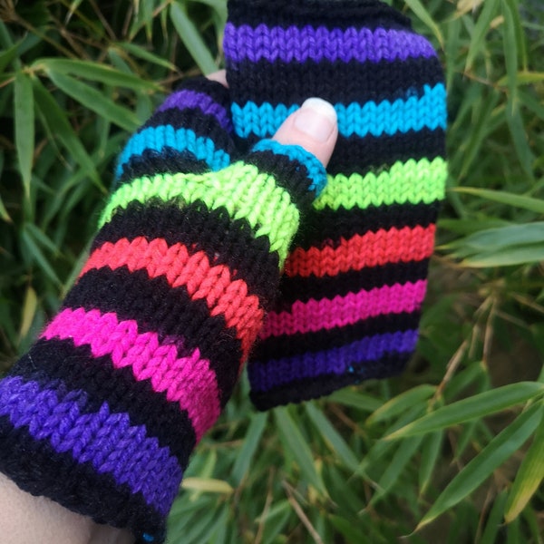 Handmade Rainbow Disco Pride Retro Knit Fingerless Texting Gloves Mittens Arm Warmers Glovelets Neon Glow in the Dark Stripe