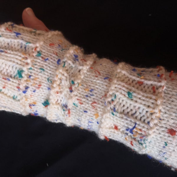 Handmade Rainbow Tweed Knit Fingerless Gloves Mittens Arm Warmers Glovelets Viscose Blend Creme Multicolor