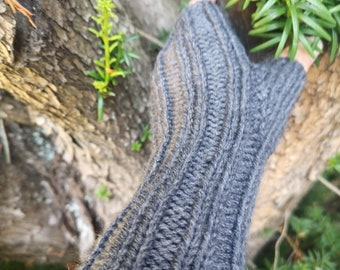 Grey Handmade Fingerless Adult Knit Gloves Mittens Arm Warmer Unisex Gift 9 1/2in