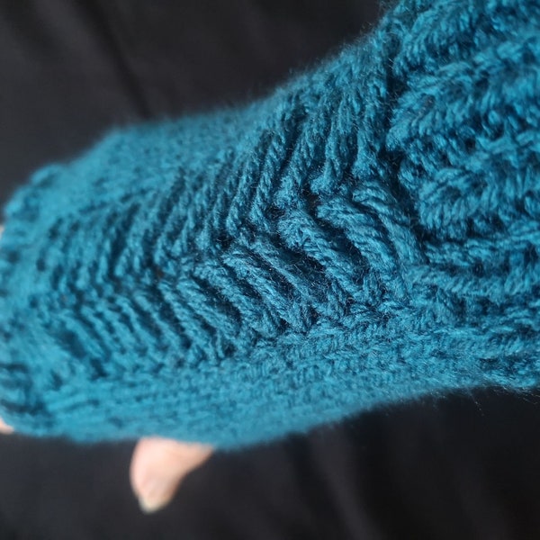 Hand Knit Fingerless Texting Gloves Mittens Arm Warmers Glovelets Teal Blue