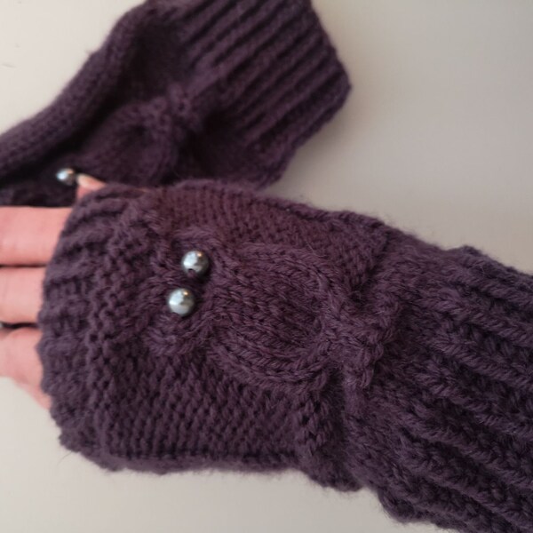 Handmade Purple Wool Blend Owl Knit Fingerless Gloves Mittens Arm Warmers Glovelets Hooter Night Bird