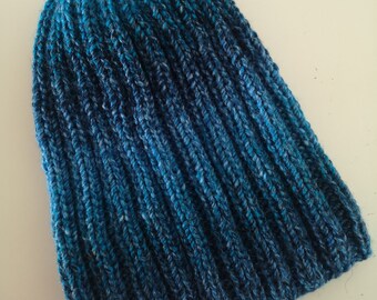 Adult Knit Messy Bun Ponytail Beanie Hat Toque Stretchy Blue Sapphire