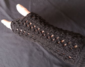 Black Handmade Ajour Knit Fingerless Gloves Mittens Glovelets Handstulpen Gants Sans Doigts Noir