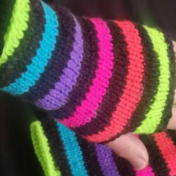 Handmade Rainbow Disco Gay Pride lgbt lgbtq Retro Knit Fingerless Texting Gloves Arm Warmers Glovelets Neon Glow in the Dark Stripe