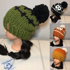 Halloween Pom Knit Slouch Beanie skull witch stripes bat Freddy spider