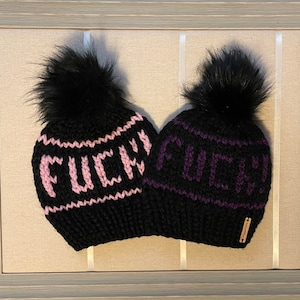 Word/text customizable Fitted Beanie w/Pom black Pom cussing cursing swearing fuck f word fitted