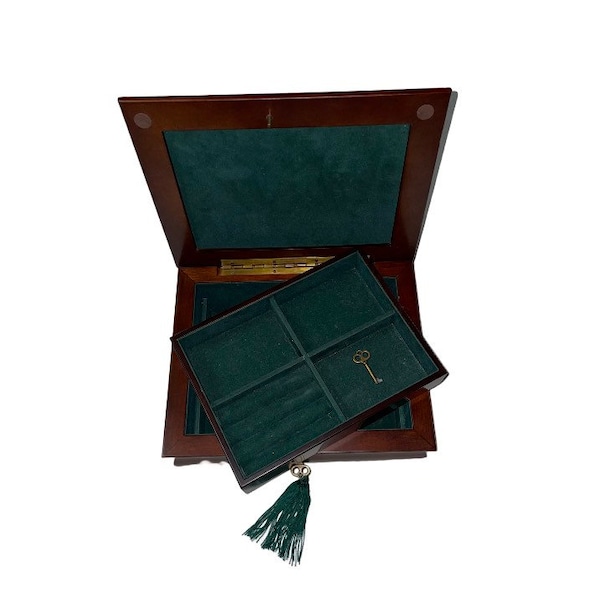 The Bombay Company Vintage Locking Jewelry Box w/ 2 Keys Brown Mahogany Wood Chest Storage Organizer w/ Hidden Compartment Velvet Interior