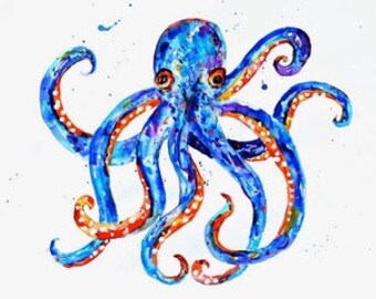 Blue Octopus, glicee, original art, Watercolor, art, painting, nursery art, greeting card, painting, colorful
